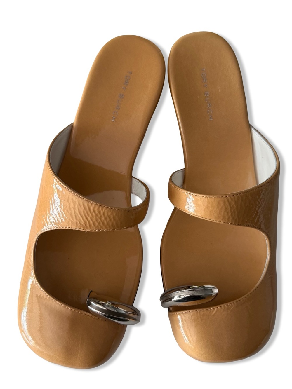 Tory Burch Pierced Wedges Cantucci & Silver Leather Tan Slip-Ons mules shoes 7.5 - Picture 3 of 11